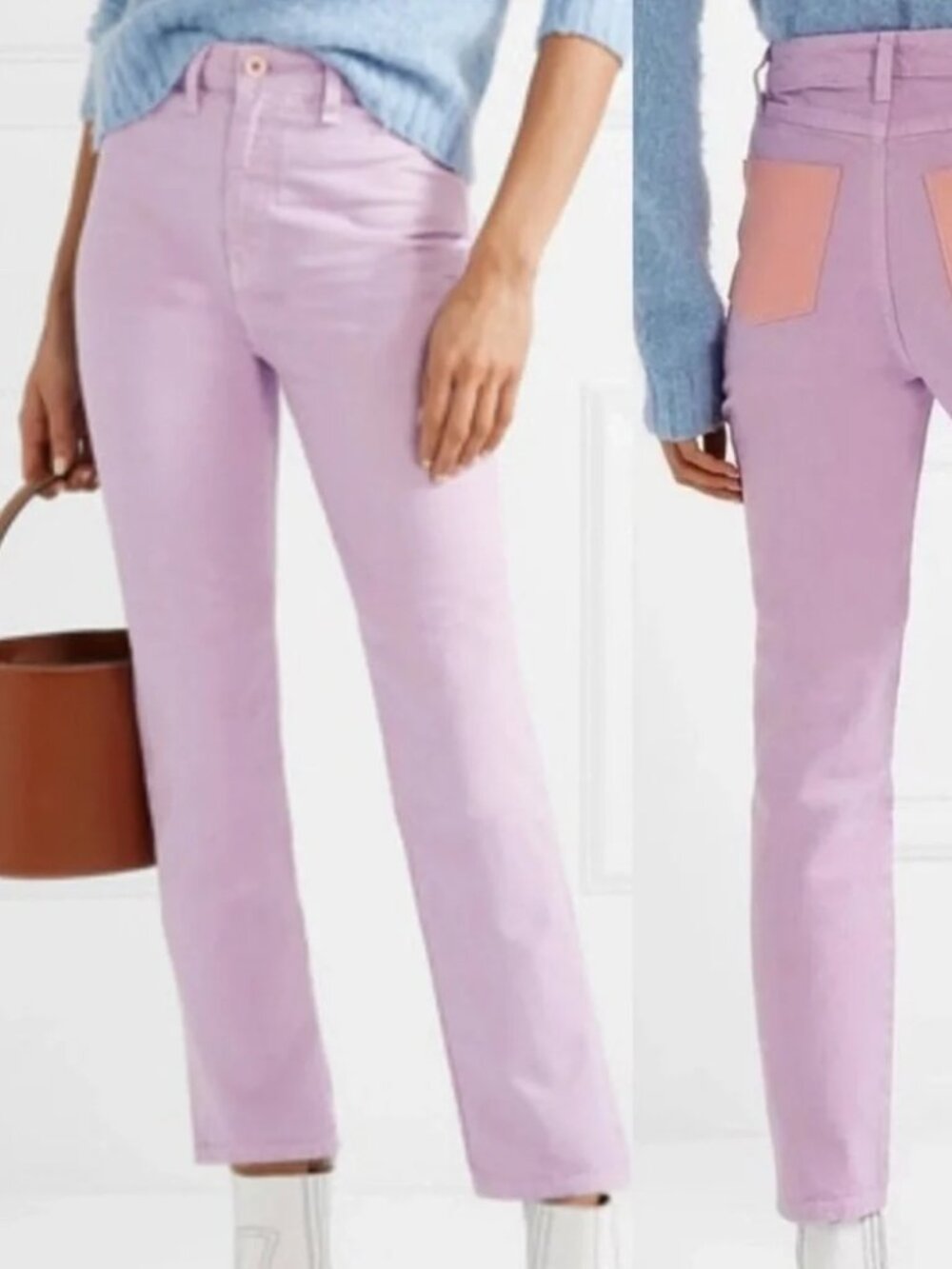 STAUD Lavender Straight-Leg Jeans with Tan Back Pockets